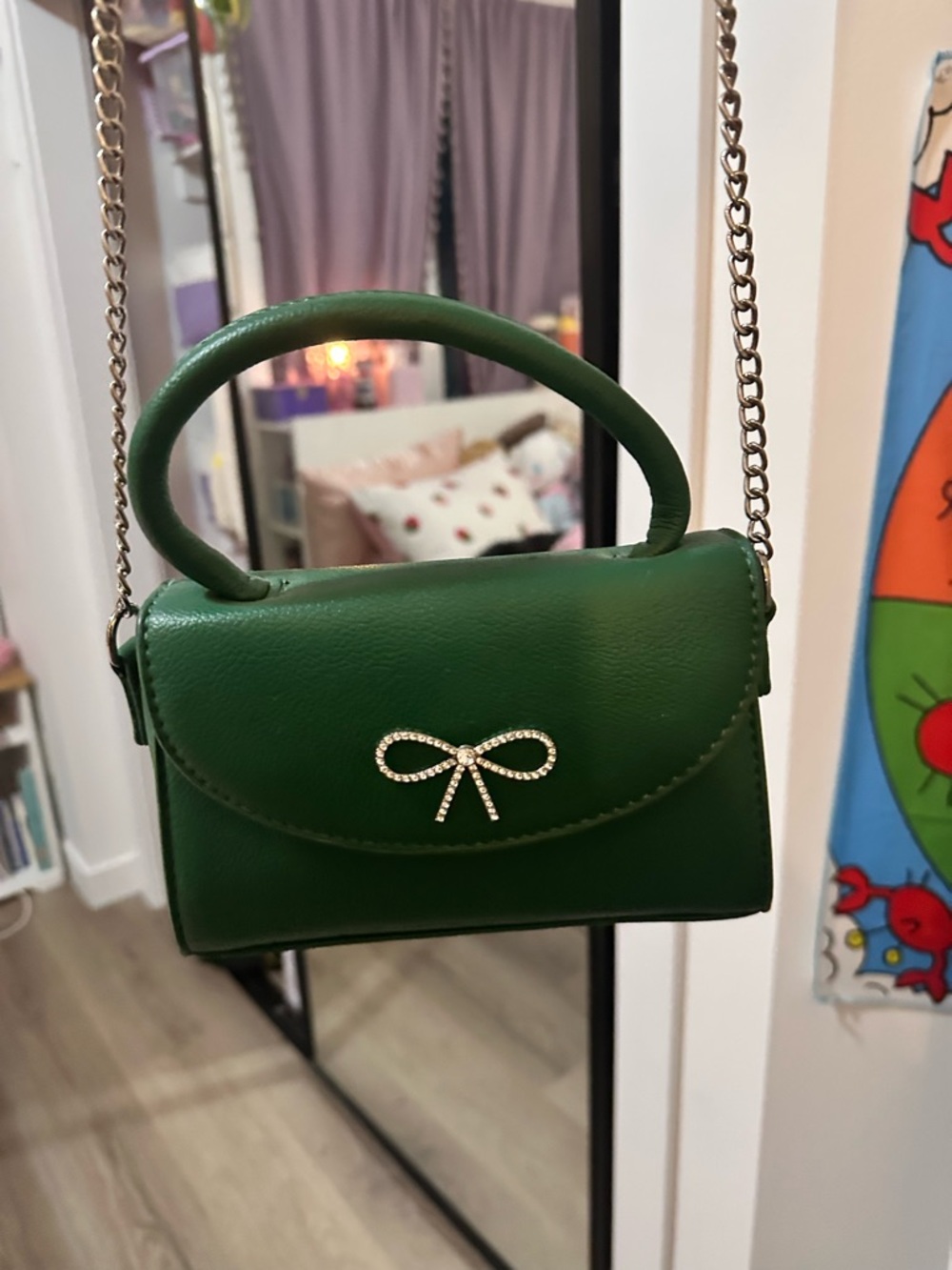 Green Faux Leather Top-Handle Crossbody Bag with Bow Accent